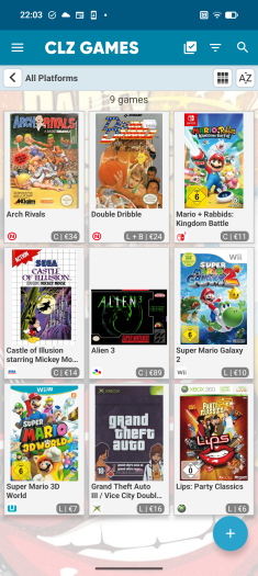 In der Gesamtliste wird unter den Packshots direkt angezeigt, wie viel das jeweilige Spiel wert ist. (Screenshot: CLZ Games / Medienagentur Plassma)